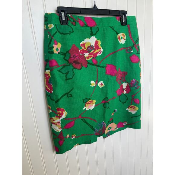 J Crew Pencil Skirt Size 6 Kelly Green Floral Basket Woven Cotton Knee Length - Picture 2 of 7